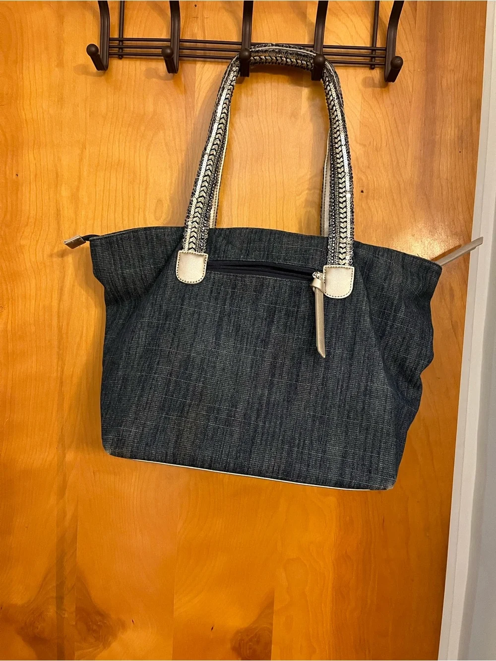 Denim Tote Bag with Braided Straps - Navy Blue